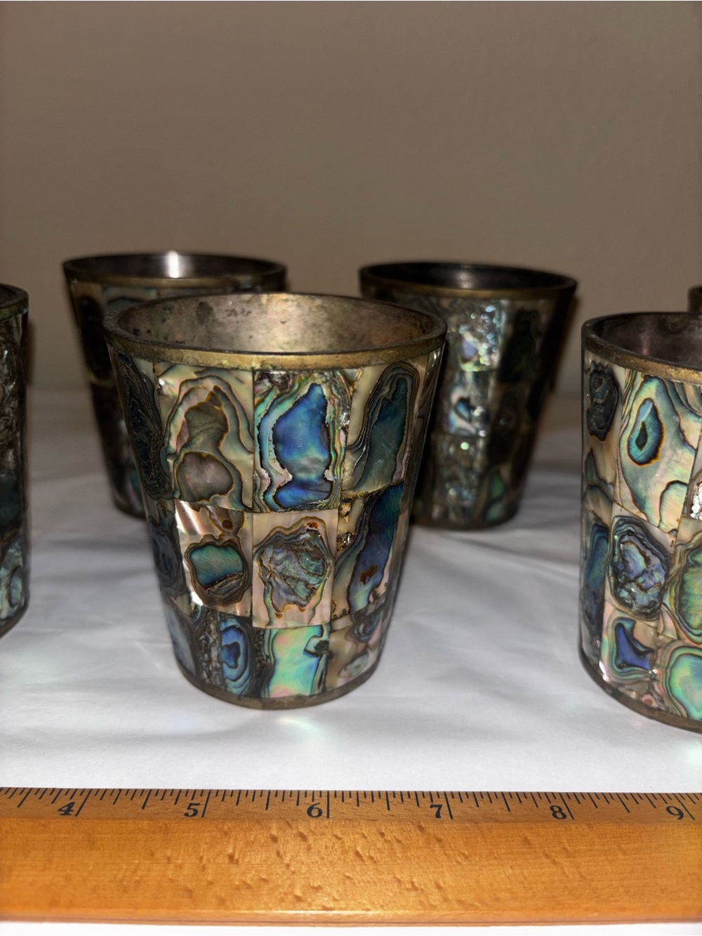 Vintage Abalone Shell Inlaid Tumbler Set - Iridescent Blue-Green Mexico 3.75”